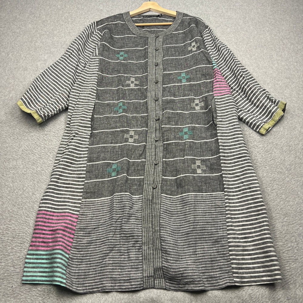Gudrun Sjoden Tunic Dress Womens Large Gray Striped Linen Embroidered Button Up